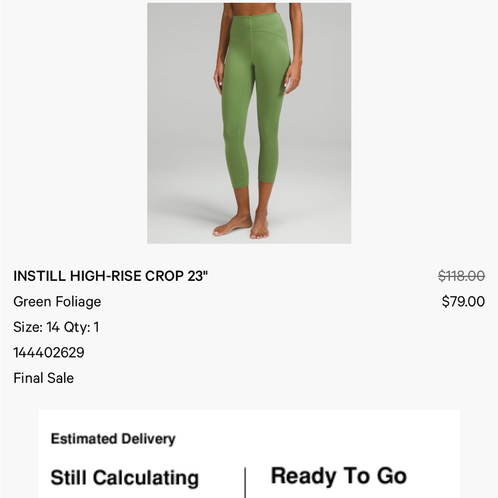 Lululemon Instill high-rise crop 23”, size 14